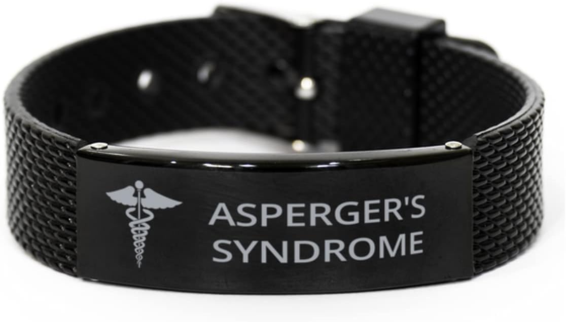 Medical Black Shark Mesh Bracelet, Asperger's Syndrome Awareness, Medical Symbol, SOS Emergency Health Life Alert ID Engraved Stainless Steel Jewelry Silver Adjustable Bracelet For Women Men Teen