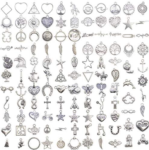 YYaaloa Pack of 120 Mixed Charms Silver DIY Charms Pendants for Crafting, Jewelry Making Accessory (120pcs silver charms 138g)