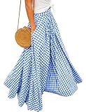 Mansy Women’s Tartan Maxi Skirt Vintage High Waist Flowy Swing Skirt Checkered Pleated Hem for Beach Vacation Blue-S