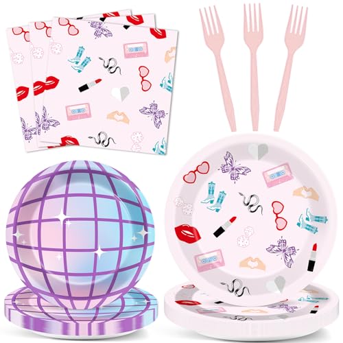 96Pcs Eras Birthday Party Plates and Napkin Women Music Birthday Party Supplies Iridescent Disco Dessert Plates Music Tableware Set for 24 Guest Bachelorette Decorations