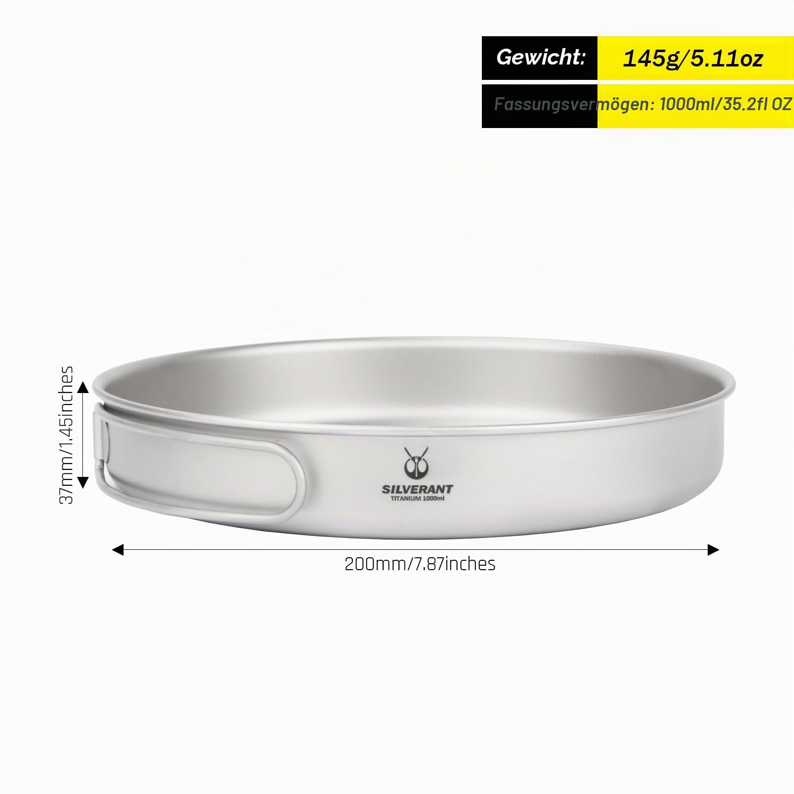 SILVERANT Titan-Camping-Teller, Outdoor-Geschirr mit klappbarem Griff, tragbares Kochgeschirr für Picknick, Wandern, Rucksackreisen, Bushcraft (1000 ml)