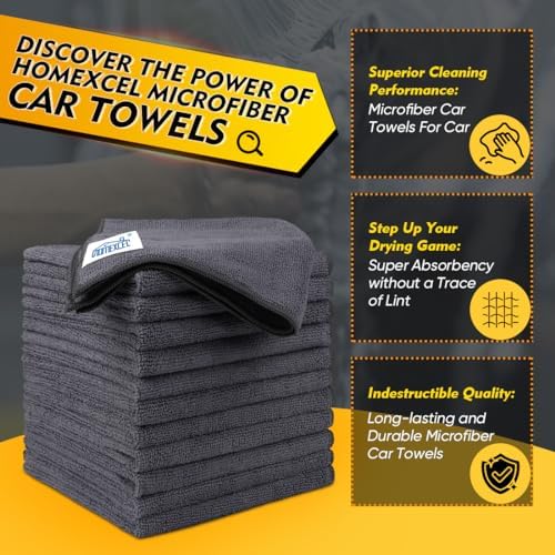 HOMEXCEL Microfiber Cleaning Cloth 12 Pack, 12.5 x 12.5 inch Microfiber Towels for Cars, Ultra Absorbent Car Washing Cloth, Lint Free Streak Free Cleaning Rags for Car, Kitchen, and Window (Grey)