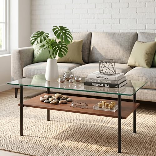 Image of 38.6 inch Glass Coffee Table for Living Room, 2-Tier Modern Center Table with Clear Tempered Glass Top, Brown Wood Shelf & Black Metal Legs, Accent Tea Table for Small Space, Easy to Assemble