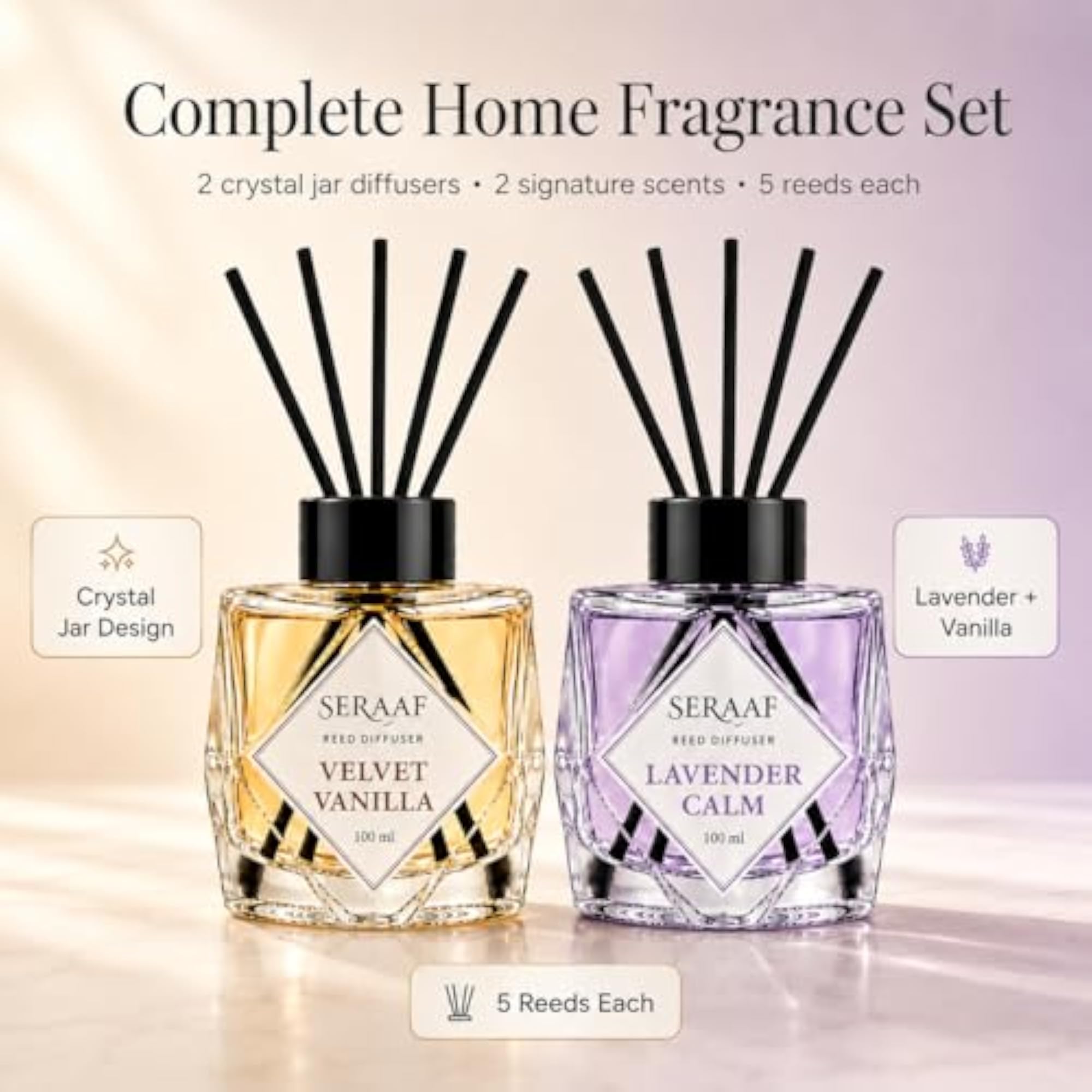 Reed Diffuser Set, Lavender Vanilla, Crystal Glass Jar