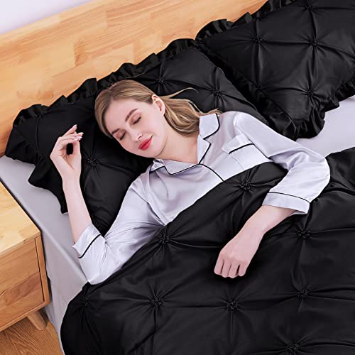 JOLLYVOGUE Black/Gray Bed in a Bag Comforter Set for Bedroom, Pintuck Twin Size Comforter Sets 5 Pieces, Bedding Comforter Sets with Comforter, Sheets,Ruffled Shams & Pillowcases
