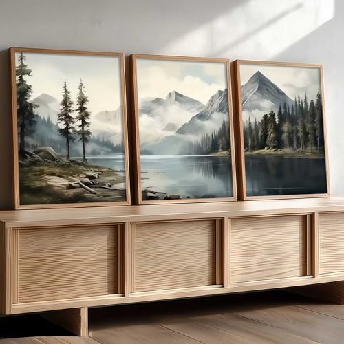 Image of kotart Big Aesthetic Mountains View Wall Art Paintings | River View Framed Painting | Nature Art Vastu Frames for Living Room Bedroom Wall Decor Set Of 3 (14x20 Inch)