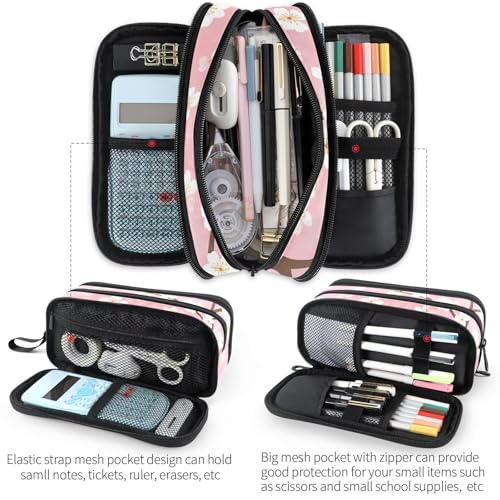 Image of Fustylead White Cherry Blossoms on Pink Background Pencil Pen Case with 3 Compartments, Lightweight & Spacious Stationery Bag Cosmetics Bag