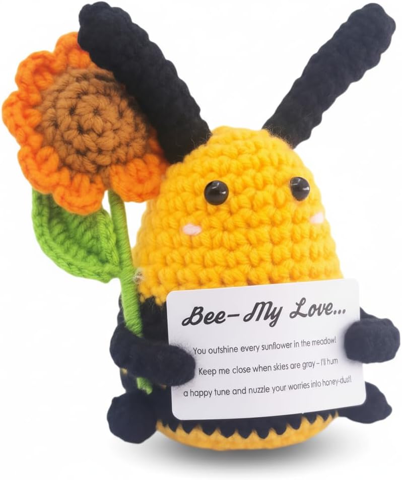 Positive Sunflower Bee Crochet Animals - Valentines Day Gifts for Her Him, Girlfriend, Boyfriend - Cute Emotional Support Bee, Anniversary, Birthday, Thinking of You, Small Encouragement Gift