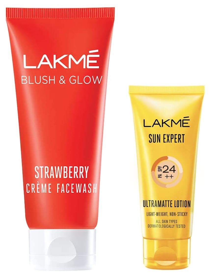 LAKMÉ Strawberry Creme Face Wash, 100g & Sun Expert SPF 24 PA++ Ultra Matte Sunscreen Lotion 50 ml, Daily Light Protect Cream for Face, Block for All Skin Types, Men & Women