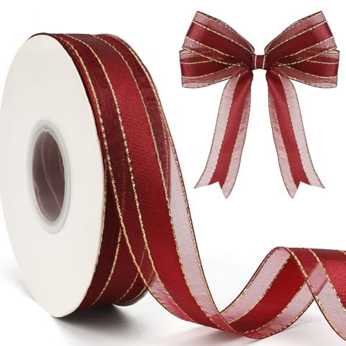 Burgundy Sheer Organza Ribbon Christmas Tree Ribbon 50 Yards 1 Inch Gold Edge Red Tulle Clear Ribbons for Gift Wrapping Handmade Craft Hair Bow Making Party Decoration Flower Bouquet Bow