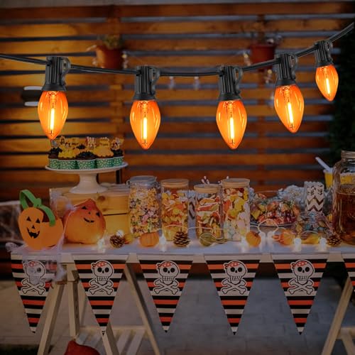 Image of 25FT C7 Orange LED String Lights, Black Wire Outdoor Halloween | IP44 Waterproof & Shatterproof, End-to-End Connectable, Perfect for Patio, Porch, Railing, Party or Holiday Decor