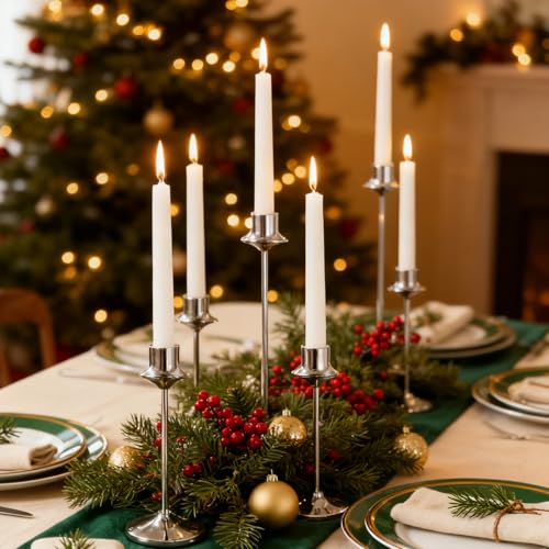 Joyyy Weighted Candlestick Holders Candle Stick Holder for Candlesticks, Vintage Metal Candelabra Candlestick Holders Candle Stand for Holiday Fireplace Party Dining Home Set of 6 (Silver)