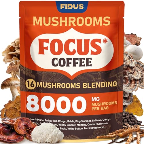 Fidus 16 in 1 Mushroom Coffee with 8000mg Adaptogenic Mushrooms with Ashwagandha, Probiotic, Magnesium and Lion's Mane Instant Mushroom Coffee for Focus, Energy, Immunity & Digestion, 40 Servings