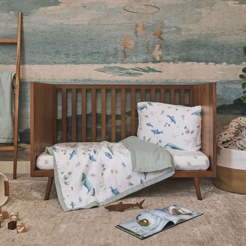 Image of Little Unicorn Toddler Bedding 3-Piece Set | Includes Comforter, Crib Sheet & Pillowcase | Soft & Breathable Muslin Fabric | for Convertible Cribs & Toddler Beds (Whales)