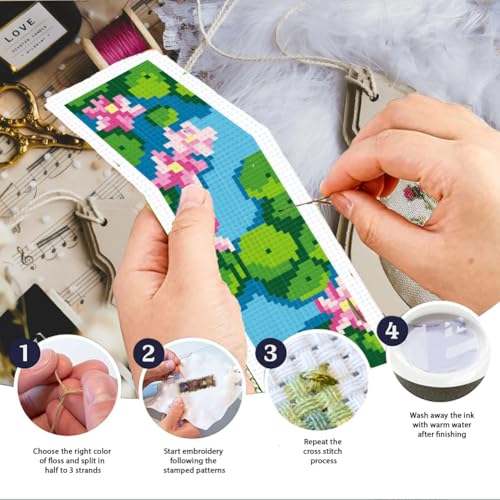 Image of INFUNLY 6 Set Water Lilies Cross Stitch Bookmark Kits 8 inchx2.4 inch DIY Willow Tree Embroidery Bookmark Kits for Beginners with Instruction Lotus Flowers Bookmark Making Kit for Book Lovers Readers Gifts
