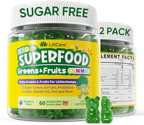 Kids Super Greens Gummies, 20+ Fruits and Veggies Supplement w/Spirulina, Spinach, Pomegranate, Probiotic, Shiitake for Immunity, Gut Health, Kid Vitamin Gummies, Sugar Free, 2 Pack Kids Super Greens Gummies, 20+ Fruits and Veggies Supplement w/Spirulina, Spinach, Pomegranate, Probiotic, Shiitake for Immunity, Gut Health, Kid Vitamin Gummies, Sugar Free, 2 Pack