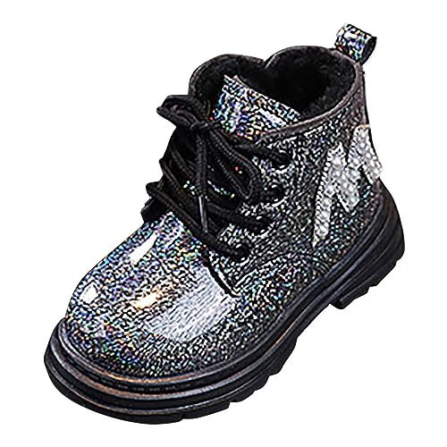 Toddler Winter Boots Little Girls Sparkling Fleece Lined Outdoor Shoes Lace Up Zipper Pearl Glitter Ankle Boot Shoes