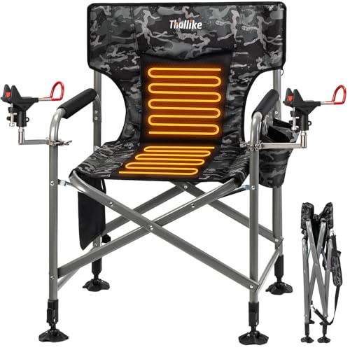 Thallike Heated Padded Fishing Chair with 2 Rod Holders for Adults Adjustable Legs Outdoor Camping Chairs with 3 Heat Levels Side Pocket Shoulder Strap Portable Ice Fishing Chair Supports up to 600LBS