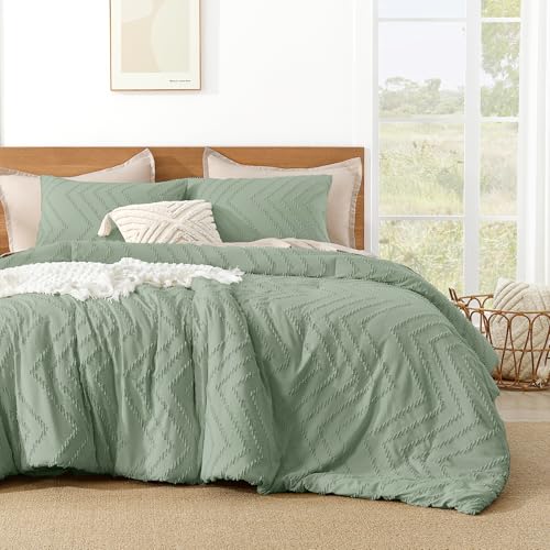 Image of Litanika Boho King Comforter Set, 3 Pcs Sage Green Lightweight Bedding Set