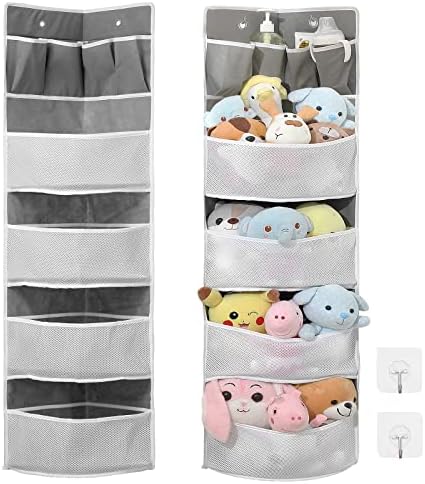 Remittur 1 Pack Corner Shelf with Storage Pocket, Wall Mounted Stuffed Animal Storage, Corner Wall Shelf with Hooks, 4 Tier Child- Friendly Hanging Organier for Diapers,Sundries,Toys,Stuffed Animals