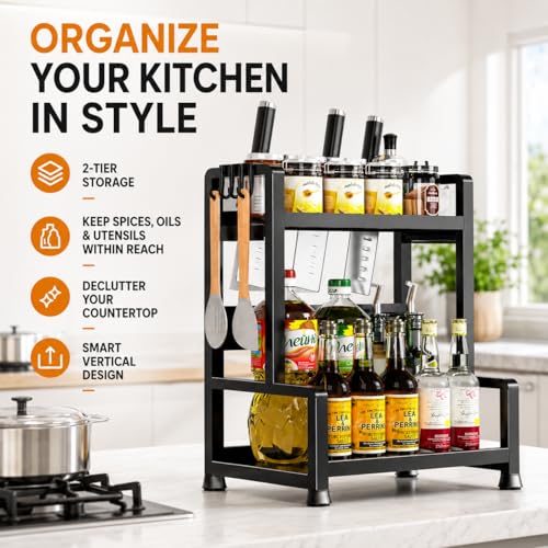 Spice Rack Organizer for Countertop, 2 Tier Under Sink Organizers and Storage, Rustproof Stainless Steel Kitchen Counter Organizer with 6 Hooks for Oils, Cabinet, and Bathroom, Black by Generic - Used condition - Image 2