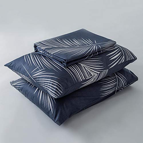 Yuheguoji Palm Botanical Duvet Cover Queen 100% Cotton Navy Blue Plant Duvet Cover Set 3 Pieces 1 Tropical Leaves Patterned Duvet Cover With Zipper Ties 2 Pillowcases Botanical Bedding Soft Breathable #TOP6