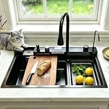 Lavello da cucina a cascata 80 x 50 cm, 1 lavello in acciaio inox, nero, grigio pistola con rivestimento nano, indicatore di temperatura, coppa Washer, troppopieno, sifone e scarico – moderno set di