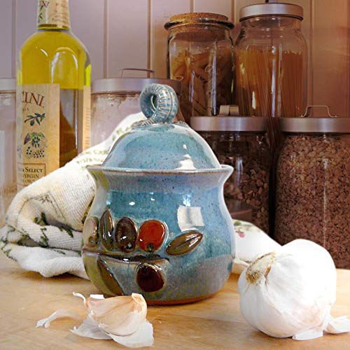 Modern Artisans American Made Stoneware Pottery Garlic Keeper Jar With Olive Motif #TOP3