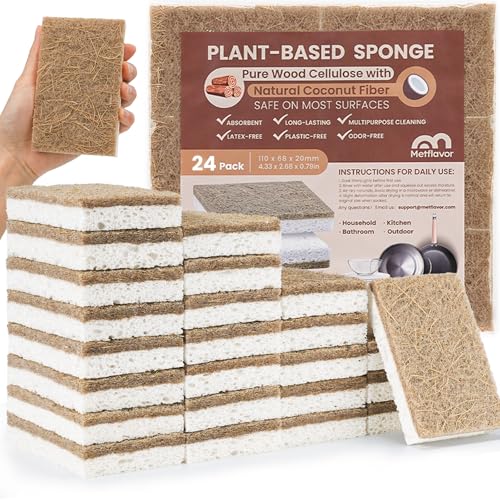 Image of Metflavor Kitchen Sponges, 24 Count, Natural Sponge with Coconut Scrubber | Plant-Based, Non-Toxic, Biodegradable & Compostable, Non-Scratch, All-Purpose Cleaning