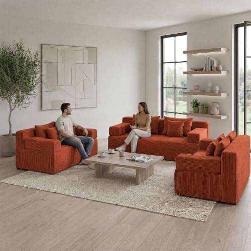 Image of MONVANE 3-Piece Boneless Loveseat Couch Set for Living Room, Oversized Modular Sectional Sofa Set with Removable Armrests, Comfy Corduroy Cloud Couch with 12 Pillows, No Assembly Required, Terracotta