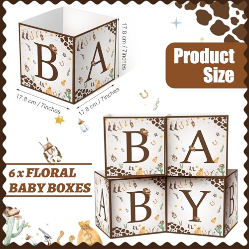 Image of Bucherry 6 Pcs Baby Shower Centerpiece Boxes with 'baby' Letters Flower Boxes Tables Decoration for Girl Baby Shower, Birthday, Gender Reveal Party Favors(Brown,Cowboy)