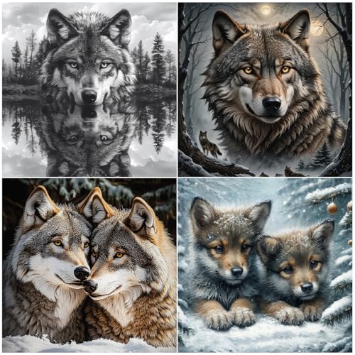 Image of 4PCS 11CT Stamped Cross Stitch Kits for Beginners Full Range of Cross Stitching Preprinted Cross Kits for Adult, Supplies Embroidery Kits for Adults DIY Needlepoint Snow Wolf Patterns Home Decor