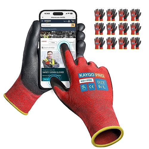 Image of KAYGO Safety Work Gloves, PU Coated, 2-Finger Touchscreen, KG11P | Breathable & Lightweight, Smooth Grip, 13-Gauge Seamless Knit, for Light Warehouse, Manufacturing, Gardening