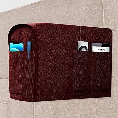 Naturoom Couch Arm Cover Faux Linen Sofa Armrest Protector Slipcover Recliner Armchair Caddy with 4 Pockets for TV Remote Holder, 1 Piece, Burgundy Cover
