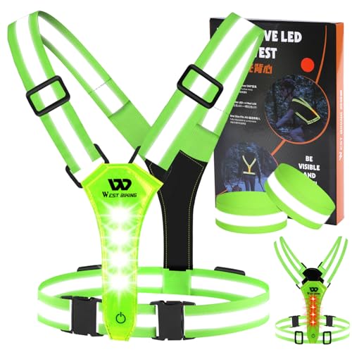 West Biking Warnweste Fahrrad Led Reflektorband Laufweste, USB aufladbar Leuchtband Joggen Reflektierende weste Leuchtweste, Elastische Einstellbar Lauflicht Erwachsene Kinder Hund Wandern