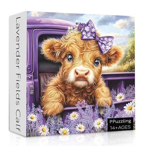 Puzzle de vaca Highland para adultos 1000 piezas, puzzle de animal de granja con flores de lavanda, campo de margaritas y escena de camión vintage púrpura, puzzle de paisaje floral de la naturaleza