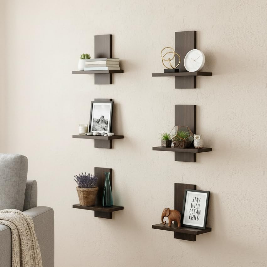 Modern Floating Wall Shelves Set of 6 for Living Room, Bedroom & Office, Wall Mounted Display Shelves, Space Saving Decorative Storage Shelves for Books, Plants, Photo Frames & Home Décor (Wenge)-image-28