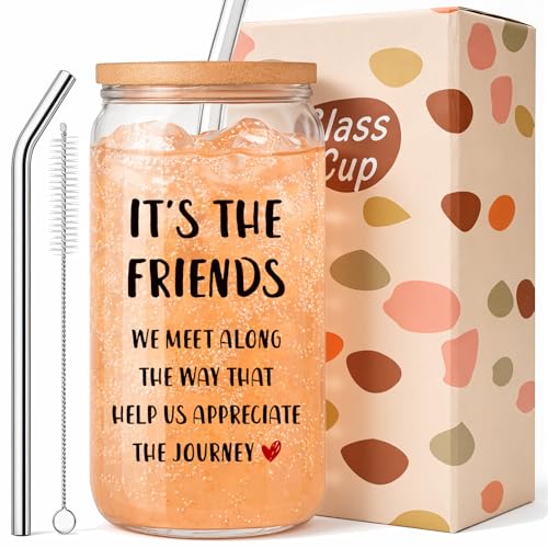 Friendship Gifts for Women - 'It's the Friends' 16oz Thick Glass Tumbler with Bamboo Lid & 2...