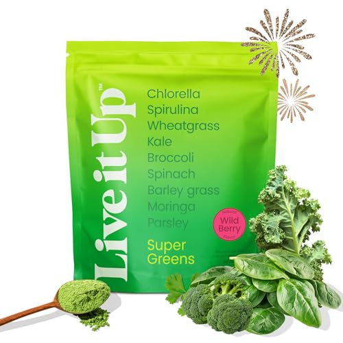 Live It Up Super Greens Powder | All-Natural Plant-Based Superfood Blend w Probiotics, Digestive Enzymes | Supports Gut Health, Immunity, Energy, & Daily Wellness | No Added Sugar - Berry, 30 Servings