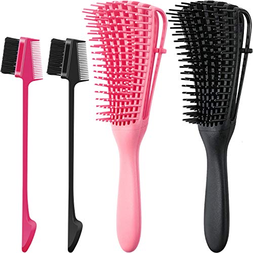 2 Pieces Detangling Brush Detangler and 2 Pieces Edge Brush Double Sided Hair Comb, Clean Knots for 3a to 4c Hair Textured Kinky Wavy Curly Wet Dry Oil Matted Hair (Black, Pink)