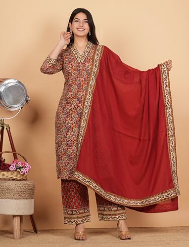 Image of Vbuyz Women Floral Print With Mirror Work Cotton Kurta Palazzo With Dupatta