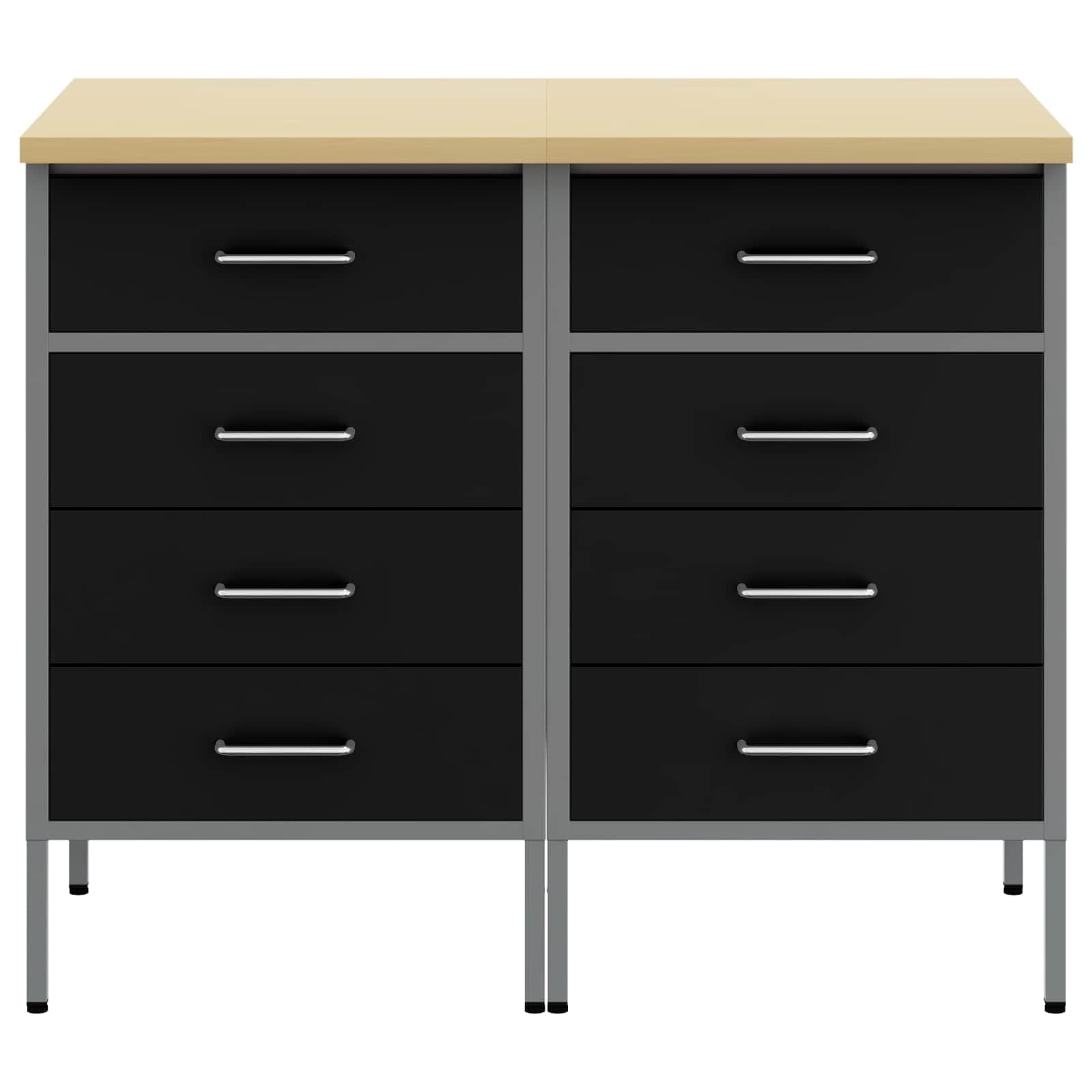 Banco da lavoro con cassetti, 2 pezzi, nero e grigio, 100 x 55 x 85 cm, armadietto da officina in legno e acciaio con telaio robusto, contenitore versatile per attrezzi, industriale