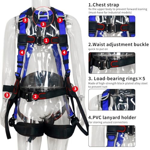 NewDoar Professioneller Absturzsicherungsgurt, ANSI/OSHA-konform, verstellbarer 5-Punkt-Ganzkörpergurt zum Dachdecken und Baumklettern mit Sicherheitsleine mit Doppelhaken aus Legierung