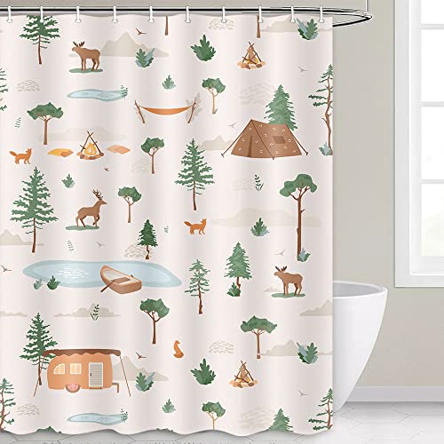 Image of Boziqr Camper RV Shower Curtain Travel Trailer Bathroom Accessories Wild Life Deer Moose Forest Decor Camping Shower Stall Curtains 60x72 Inches (Beige)