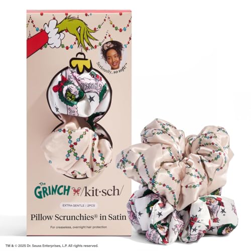 Image of The Grinch x Kitsch Pillow Satin Scrunchies for Women - Hair Ties No Damage, No Crease Hair Accessories | For Day or Night Use | Ideal Gifts for Women - 2pcs