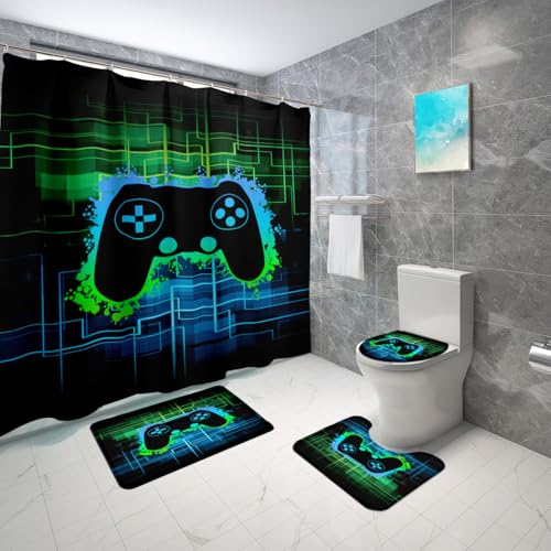 BATATADOCE 4 Pcs Gamepad Controller Shower Curtain - Game Shower Curtain Set Video Gamepad Bathroom Set with Rug Toilet Cover U Shaped Mat and 12 Hooks 70 X 70