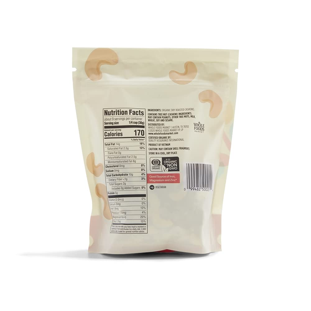 365 by Whole Foods Market, Organic Dry Roasted & Unsalted Cashews, 10 Ounce : Grocery & Gourmet Food