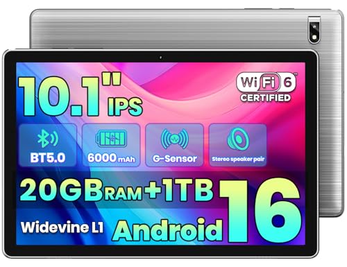 2026 Android 16 Tablet with Gemini AI 20GB+1TB Expand 10.1 inch Tablet Octa-core CPU Dual Camera WiFi6 6000mAh Widevine L1 Split Screen Family & Work anniversary thank you gift for her him (gray)