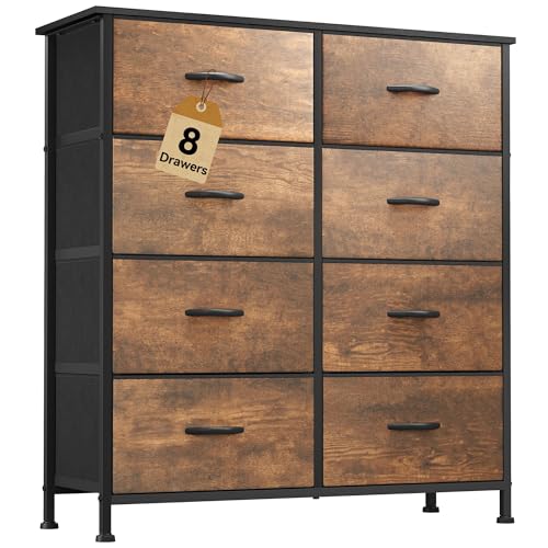 Image of DWVO 8-Drawer Fabric Dresser, Rustic Furniture Storage Tower Cabinet, Organizer for Bedroom, Living Room, Hallway, Closet