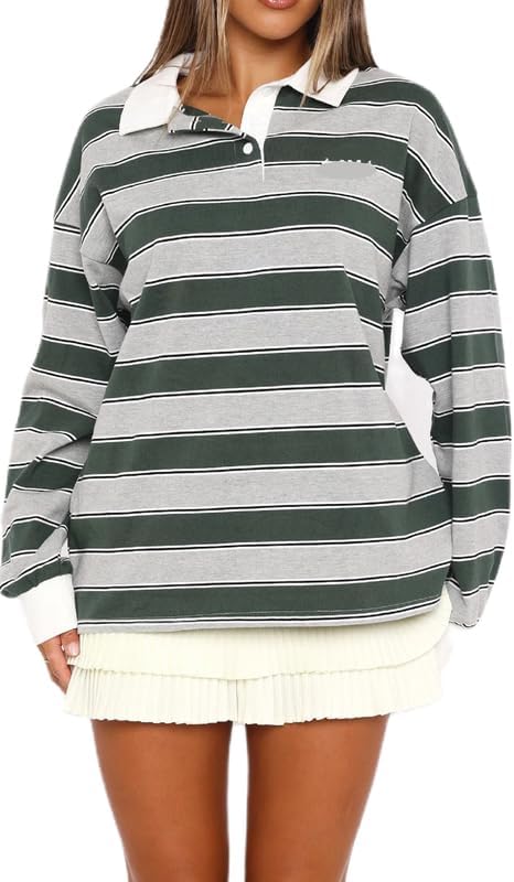 NUFIWI Womens Striped Rugby Polo Shirts Stripes Lapel V Neck Oversized Sweatshirts Y2K Loose Fit Collared Pullover Tunic Tops